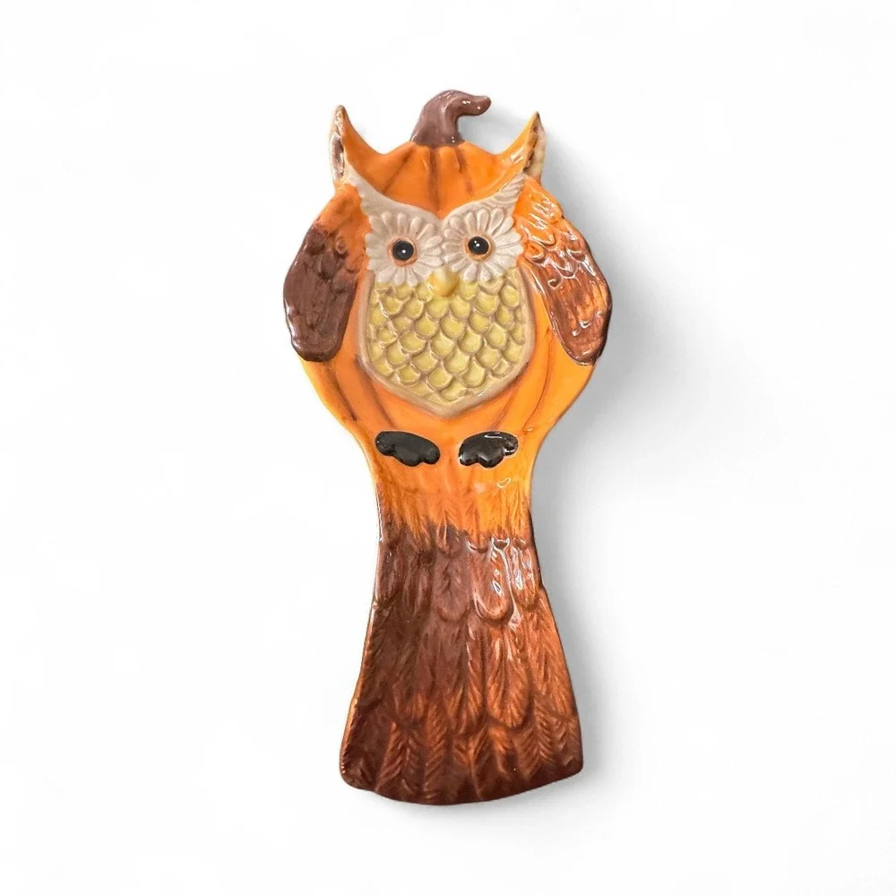 Cracker Barrel Owl Spoon Rest Pumpkin Fall Harvest Stoneware Ceramic‎ 9.5